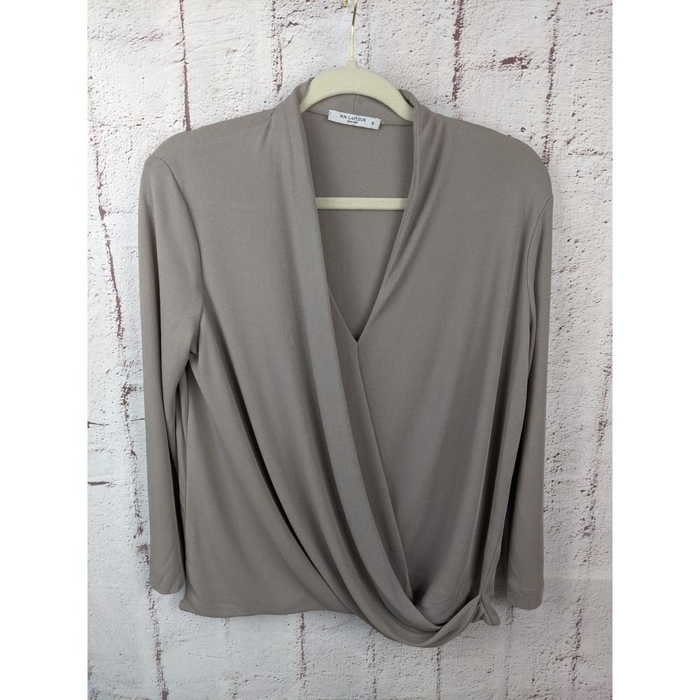 MM LaFleur Deneuve Taupe Draped Faux Wrap Front Blouse Top Womens Size M